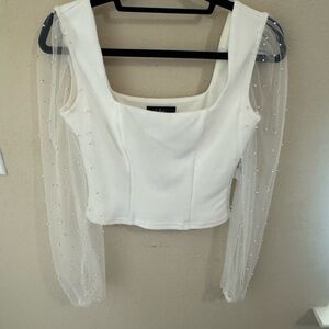 Lulu's White Pearl Puff Sleeve Crop Blouse